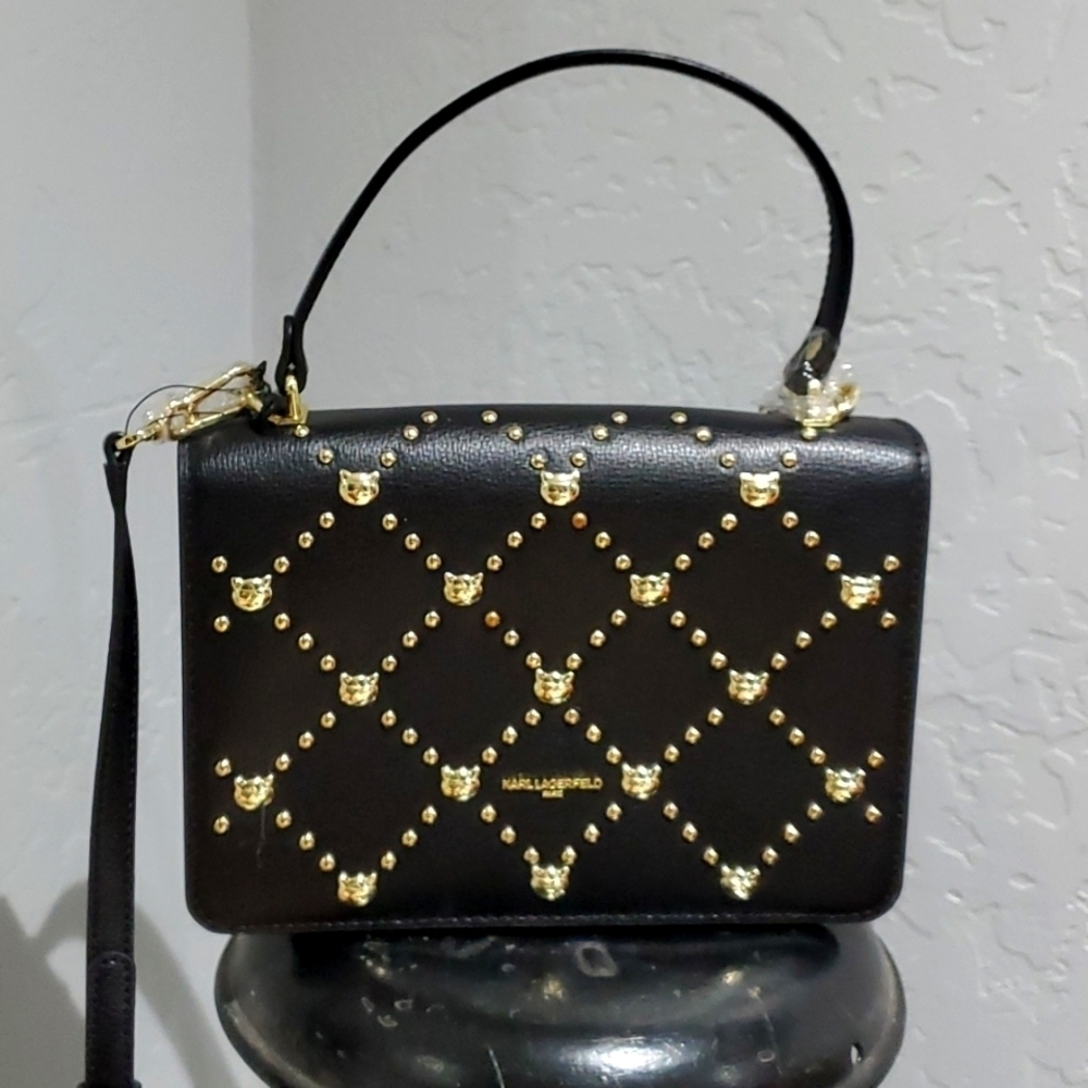 KARL LAGERFELD BLACK GOLD STUDS SIMONE BAG DUSTER BAG RUNWAY STATEMENT MOTO ROCK